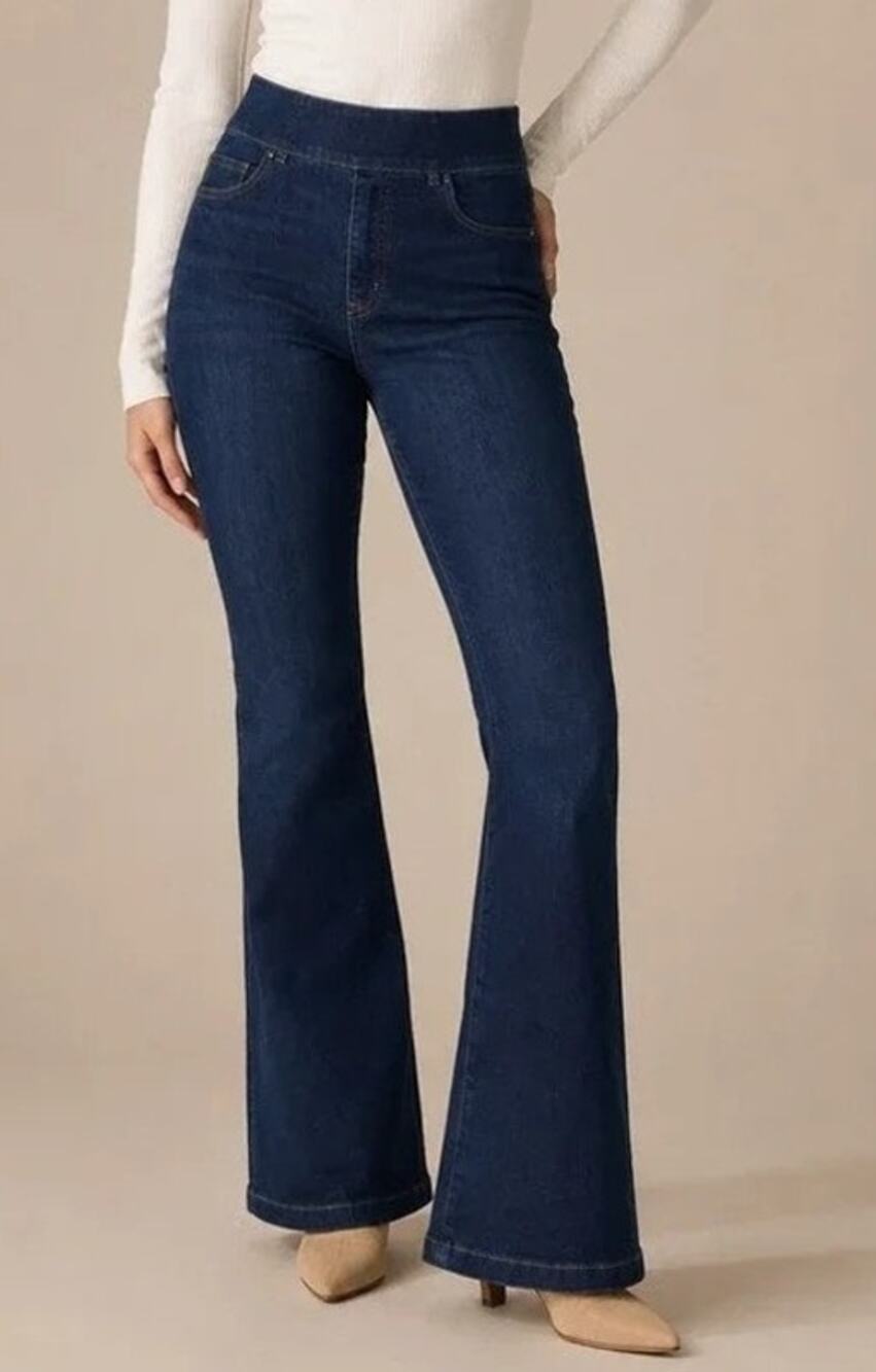 NWT Spanx Pull-On Flare Jeans Stretch Medium Tall Midnight Blue Dark Wash Retro